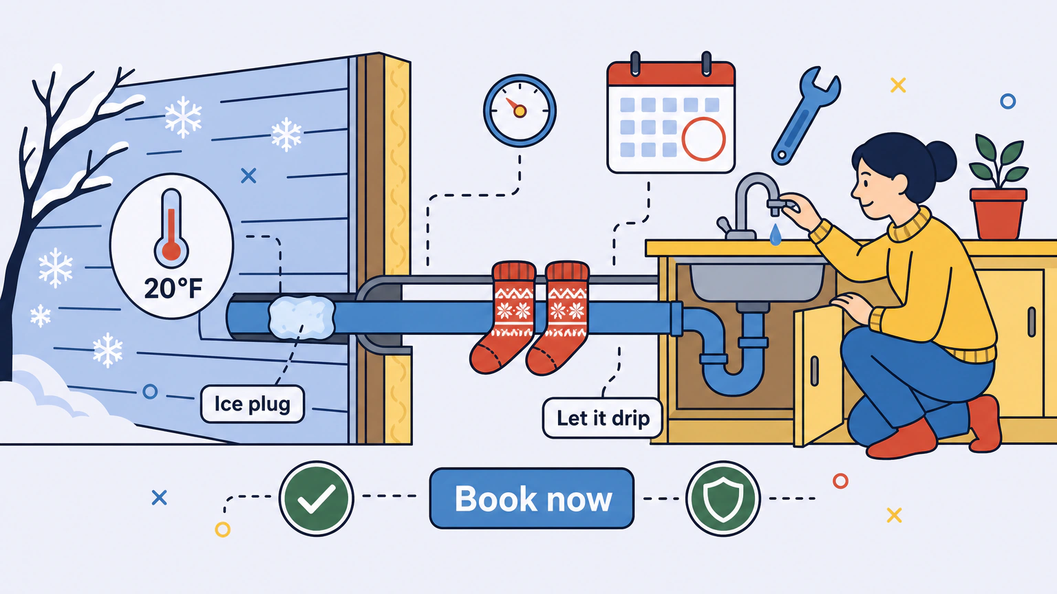 Flat illustration of a cutaway house corner. Outside, a round wall thermometer with its needle pointing low sits among snowflakes and a bare branch. Inside, a woman in a sweater crouches at an open cabinet under a kitchen sink, one hand on the faucet, watching the pipe run into the wall. A pale ice plug is forming in the cold section of the pipe, a small pressure gauge sits between the plug and the faucet, one drop falls into the sink, and a calendar card with a circled date and a wrench hangs nearby.