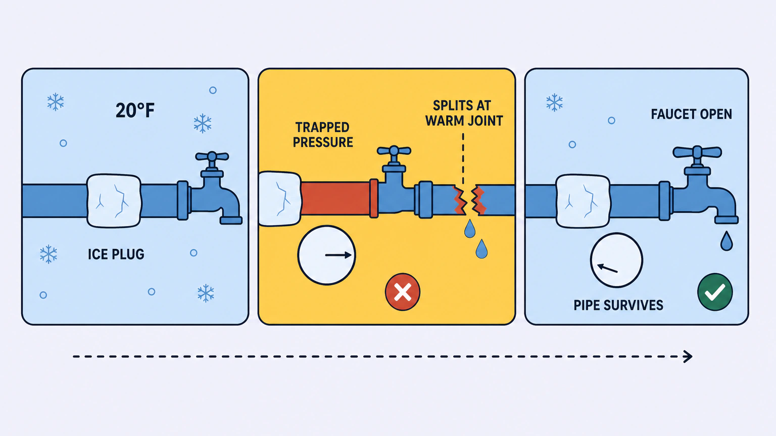 Flat illustration in three panels showing how a frozen pipe bursts. Panel one: a pipe crosses a pale blue cold zone where an ice plug has sealed the line, with the faucet at its right end closed. Panel two: a close-up of the trapped section between the plug and the closed faucet, filled with a warning tone, a pressure dial swung hard to the right, and a jagged split at a joint on the warm side, far from the ice. Panel three: the same pipe with the faucet open and one drop falling, the ice plug still present, the pressure dial back at rest, and the pipe intact beneath a check mark.