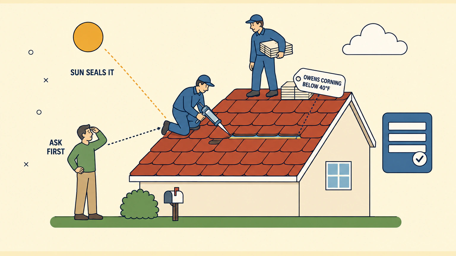 Flat illustration of a pitched roof. Two crew members stand on the slope, one kneeling with a caulk gun at the edge of a shingle course and one carrying a bundle near the ridge, while a homeowner on the lawn below looks up at them. A sun in the corner sends a dashed ray down to the course being sealed. Short labels read sealant strip, sun seals it, Owens Corning below 40 degrees Fahrenheit, and ask first.