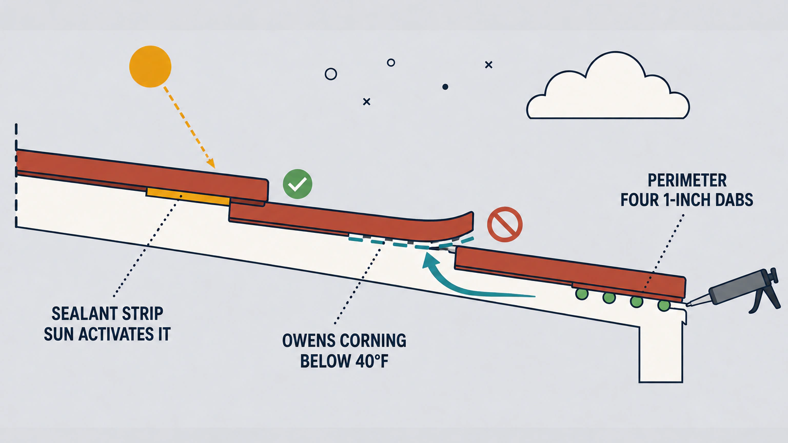 Flat cross section illustration of three overlapping shingle courses on a roof deck. At the lowest joint a solid sealant bar bonds the courses together under a dashed ray from the sun. At the middle joint the bar is broken into dashes, the shingle edge curls up, and a wind arrow pushes underneath it beneath a cloud. At the highest joint four cement dabs hold the perimeter edge down with a caulk gun nozzle beside them. Labels read sealant strip, sun activates it, Owens Corning below 40 degrees Fahrenheit, may not seal yet, wind gets under, and perimeter four 1-inch dabs.