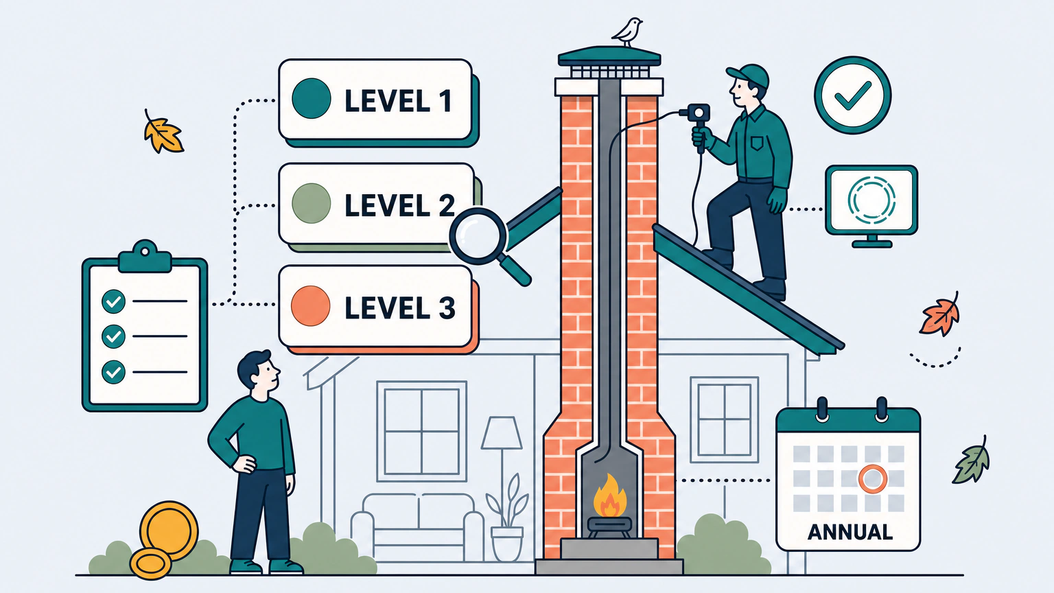 Flat illustration of a cutaway house roofline with a tall brick chimney. A homeowner stands at ground level looking up at three stacked numbered cards labeled Level 1, Level 2 and Level 3, with a magnifying glass over the middle card. An inspector in a cap and gloves stands on the roof holding a camera probe on a cable that runs down into the flue, next to a small screen showing a circular scan view. A clipboard with three check rows, a calendar card with one date circled, a small flame in the firebox opening, two coin discs beside the homeowner, a round certification badge with a check mark, drifting autumn leaves and a bird perched on the chimney cap complete the scene.