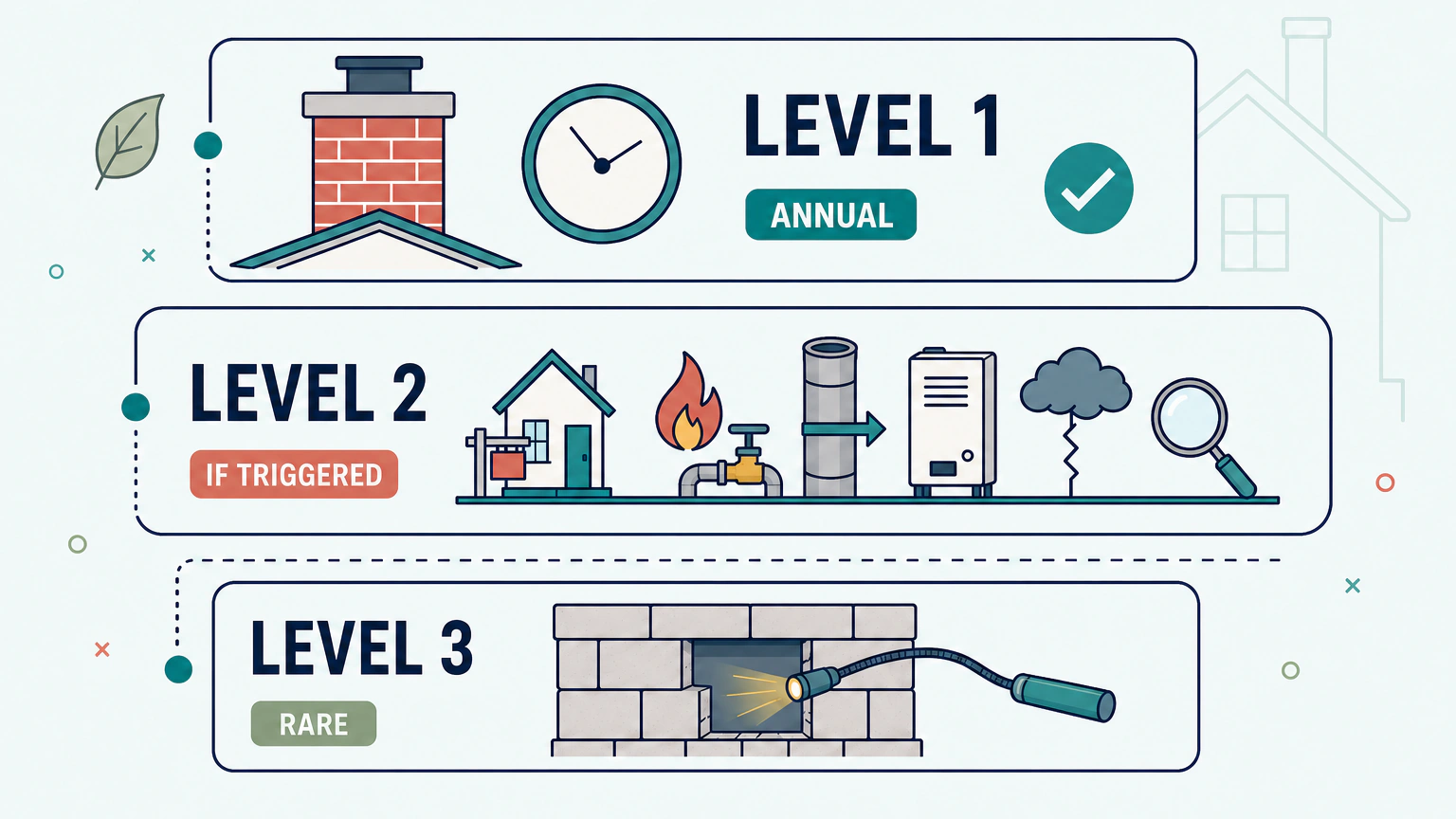 Flat illustration of three stacked bands. The top band, labeled Level 1 with an "annual" chip, shows a brick chimney icon on a short roofline beside a plain clock dial and a single check row. The middle band, labeled Level 2 with an "if triggered" chip, shows five small icons in a row on a shelf line: a house with a for-sale post, a flame beside a fuel valve, a flue pipe with an arrow through it, a boxed appliance, and a storm cloud with a crack mark. The bottom band, labeled Level 3 with a "rare" chip, sits smaller and apart below a dashed rule and shows a masonry wall with one opened section and a small probe lamp shining into the gap. A thin dotted line links the three bands down the left edge.