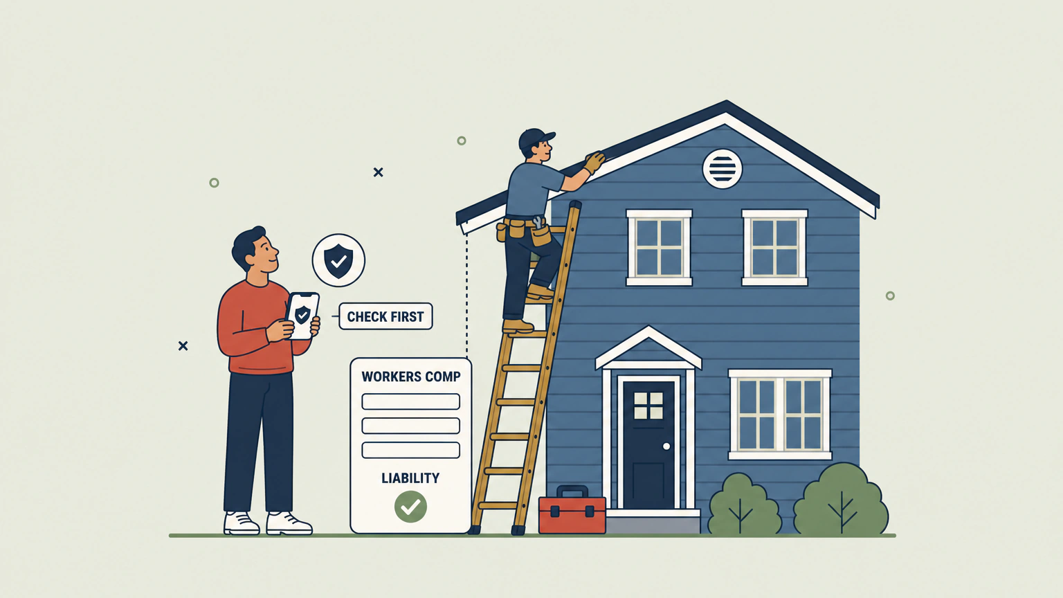 Flat vector illustration of a homeowner standing on a lawn holding a phone that shows a shield and check mark, looking up at a worker in a cap and tool belt near the top of a ladder leaning against a house. A tall card beside the homeowner is labeled WORKERS COMP above three blank ruled lines and LIABILITY above a check badge, with a small CHECK FIRST tag near the phone.