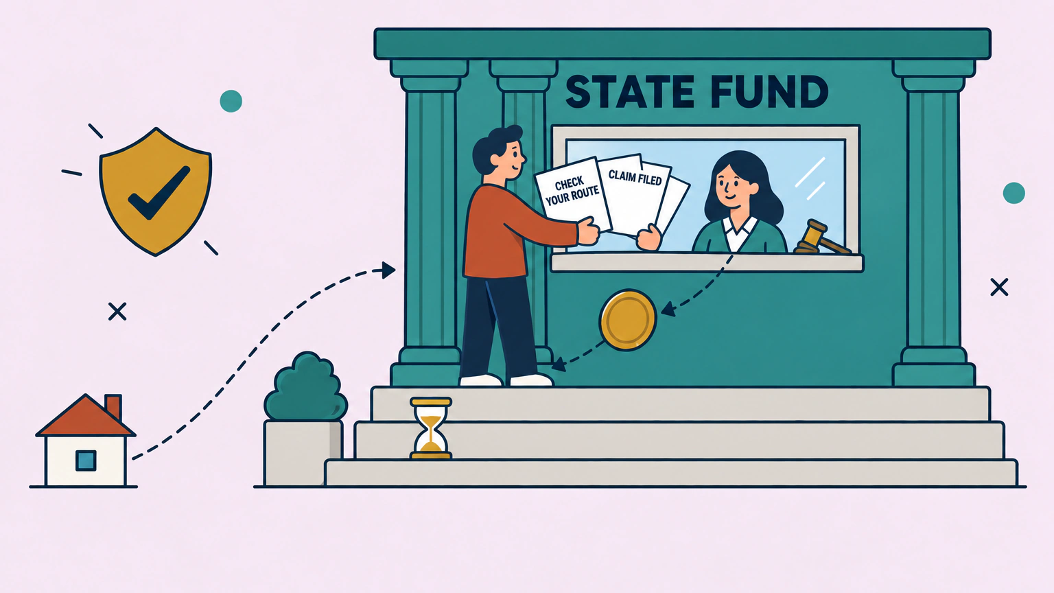 Flat vector illustration of a homeowner in a red sweater standing on the steps of a teal civic building marked STATE FUND, handing a thick folder of papers through a service window to a clerk. Two document cards in the homeowner's other hand read CHECK YOUR ROUTE and CLAIM FILED, a gavel rests on the window ledge, and a gold coin travels back out along a dashed line toward a small house at the lower left, past an hourglass on the steps and a gold shield badge carrying a check mark.