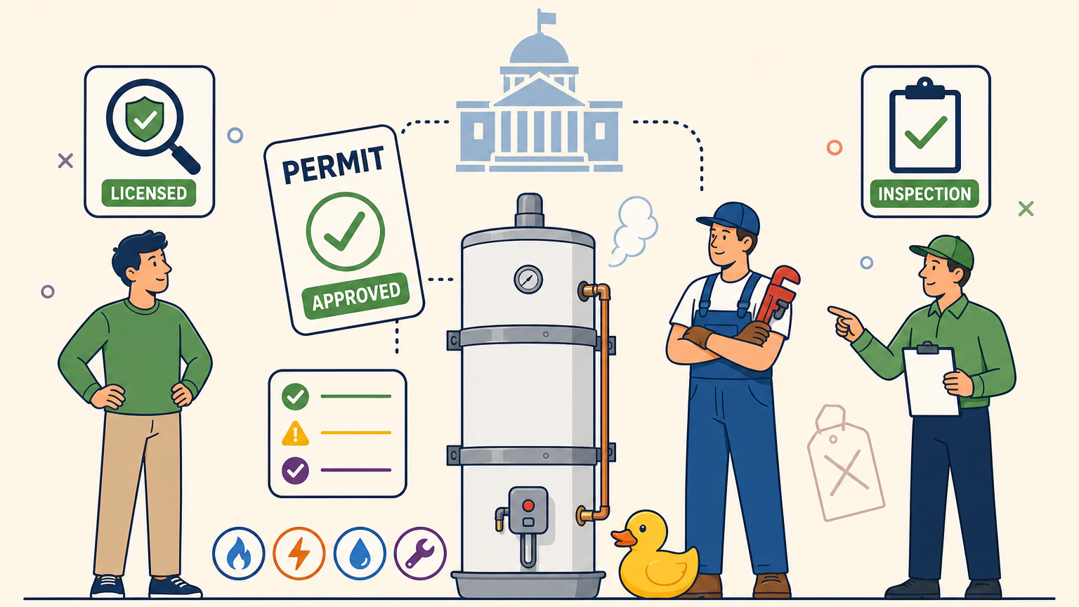 Flat vector illustration of a homeowner and a plumber standing on either side of a strapped water heater in a drain pan, with an approved permit card between them, an inspector holding a clipboard, and small icons for gas, electricity, water and tools.