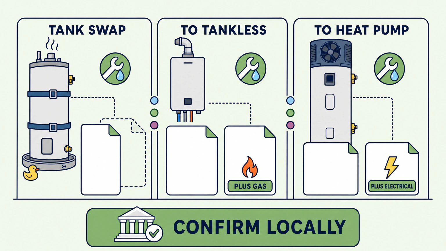Flat vector infographic with three panels labeled TANK SWAP, TO TANKLESS and TO HEAT PUMP, each showing the permit cards that job triggers, with PLUS GAS and PLUS ELECTRICAL chips on the second and third panels and a CONFIRM LOCALLY footer band.