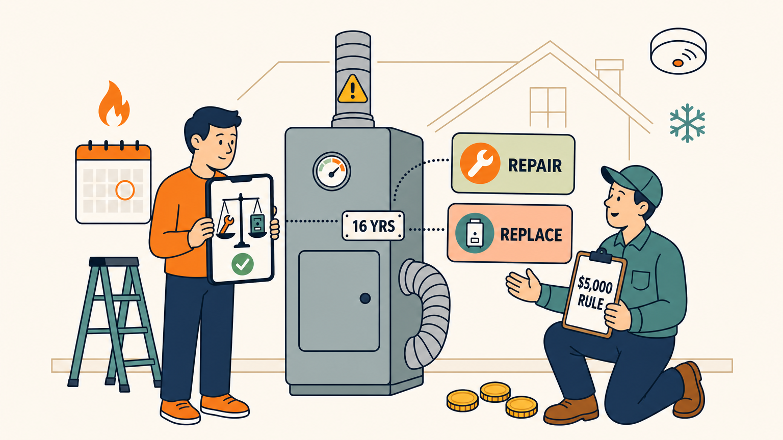 Flat vector illustration of a homeowner standing in a basement beside a furnace cabinet labeled 16 YRS, holding a phone that shows a balance scale weighing a wrench against a new furnace, while a kneeling technician in a cap holds a clipboard reading $5,000 RULE and two cards labeled REPAIR and REPLACE float between them.