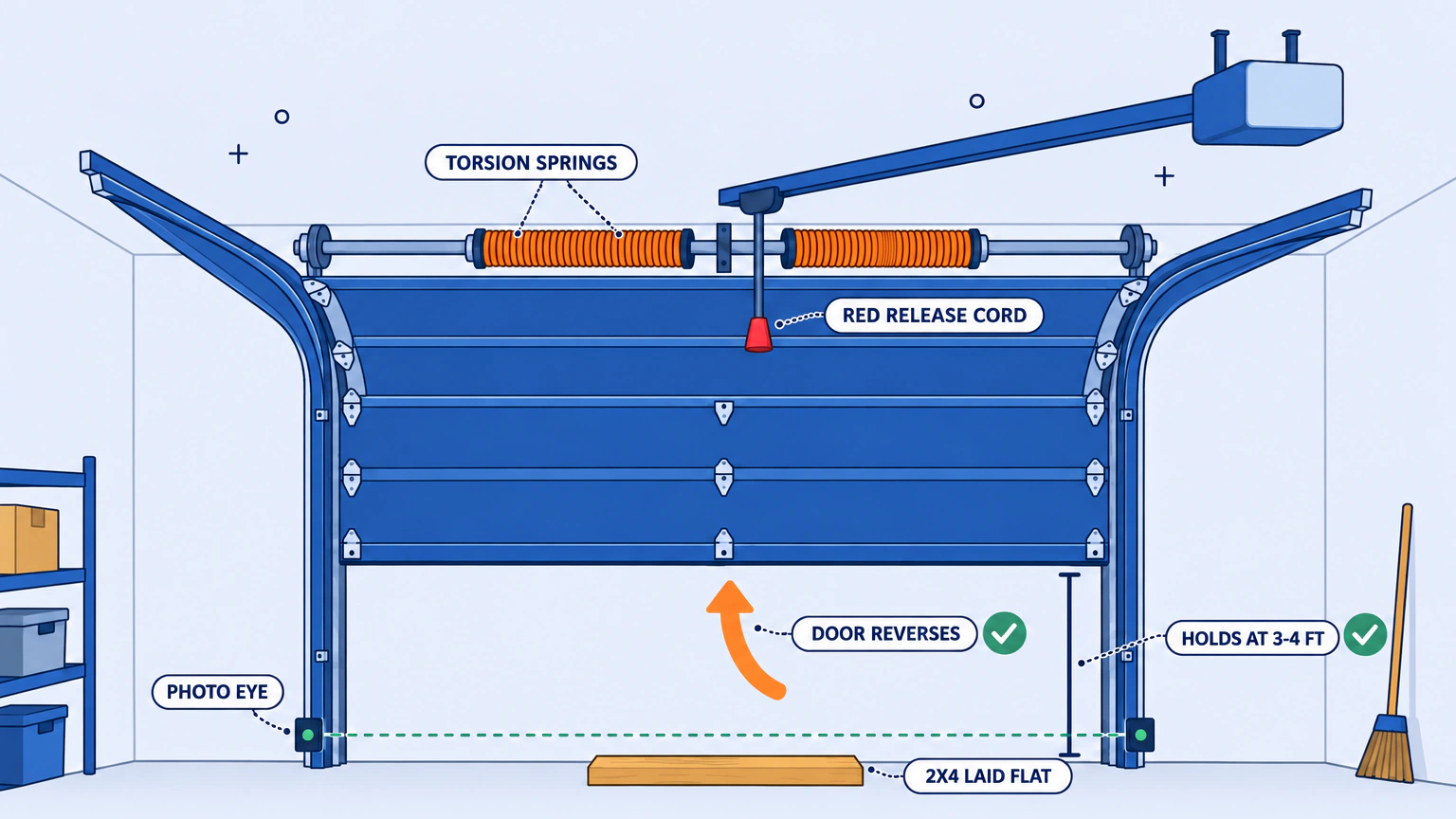 Flat vector diagram of a sectional garage door seen from inside the garage, raised partway on its tracks so its bottom edge sits above the floor. Above the opening, a horizontal shaft on bearing plates carries two orange coiled springs labeled TORSION SPRINGS. A ceiling rail runs back to a boxy opener motor at the upper right, with a short cord hanging from the trolley to a red handle labeled RED RELEASE CORD. Near the floor, a small sensor fixed to each vertical track is joined by a green dashed beam across the opening, the left one labeled PHOTO EYE. A tan wooden plank lies flat on the floor under the door, labeled 2X4 LAID FLAT. An orange arrow curves upward beside the door's raised bottom edge, labeled DOOR REVERSES with a green check badge, and a slim vertical bracket runs from the floor to that edge, labeled HOLDS AT 3-4 FT with a second green check badge. Shelving with boxes stands at the left and a broom leans in the right corner.