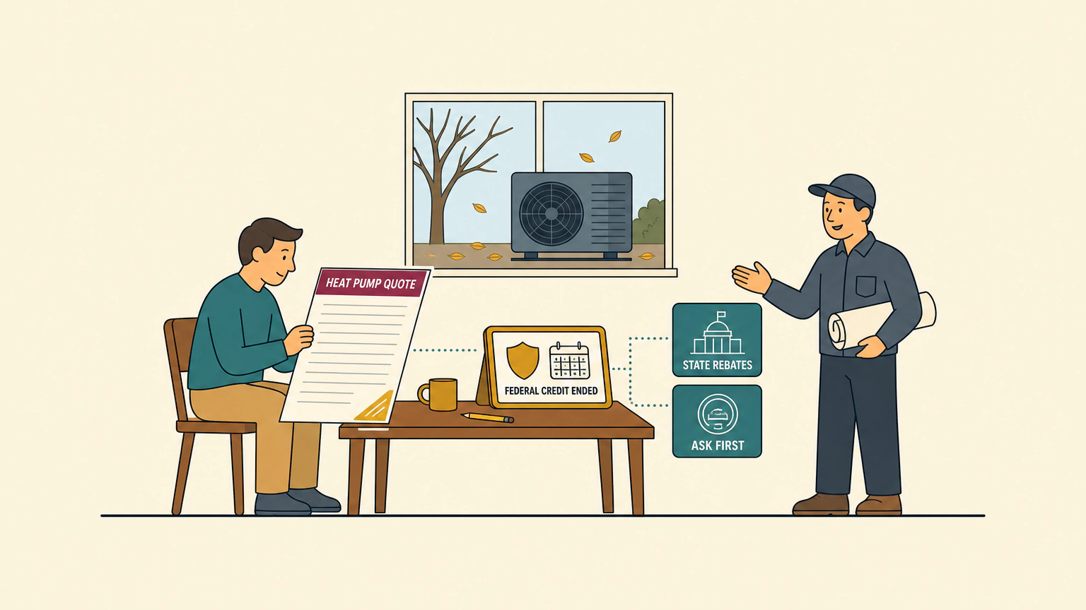 A homeowner at a kitchen table holds a blank heat pump quote stamped with a crossed-out badge while a contractor gestures toward two cards labeled state rebates and ask first, beside a propped calendar reading federal credit ended.