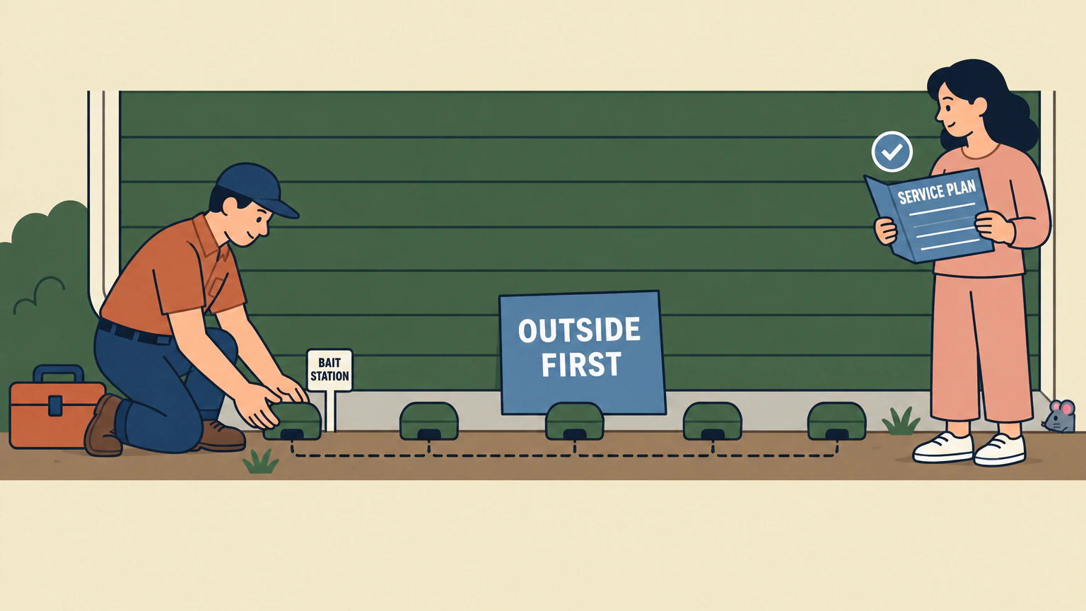 A pest control technician sets a bait station against the base of a house wall while four more stations sit spaced along the same wall and a homeowner at the far end reads a service plan.