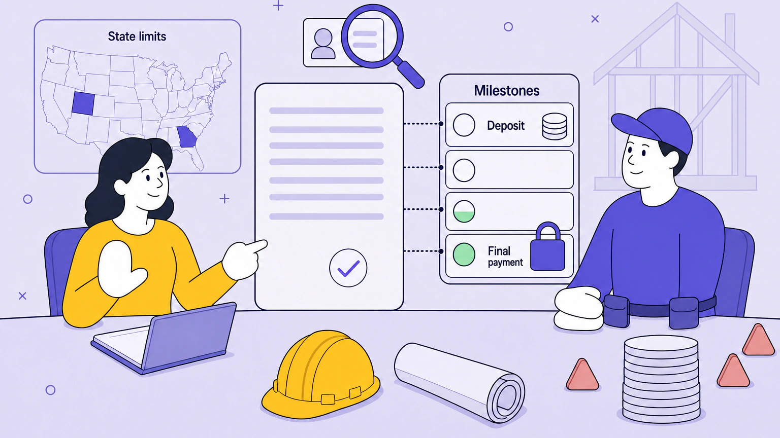 Flat vector illustration of a homeowner at a kitchen table raising one hand in a calm "hold on" gesture while a contractor in a cap and tool belt waits, a signed estimate standing upright between them, a tall payment-schedule card alongside with four milestone rows and a padlock over the last one, and a US map card behind them with two states highlighted.