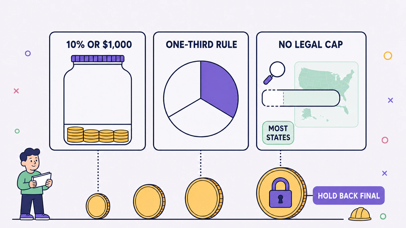 Flat vector infographic of the three families of state deposit rules shown as three cards: a coin jar with a low cap line, a circle split into three wedges with one filled, and an open band with no cap line. Below them a milestone track of four coin discs grows from left to right, with a padlock on the largest final disc and a homeowner holding a checkbook at the left end.