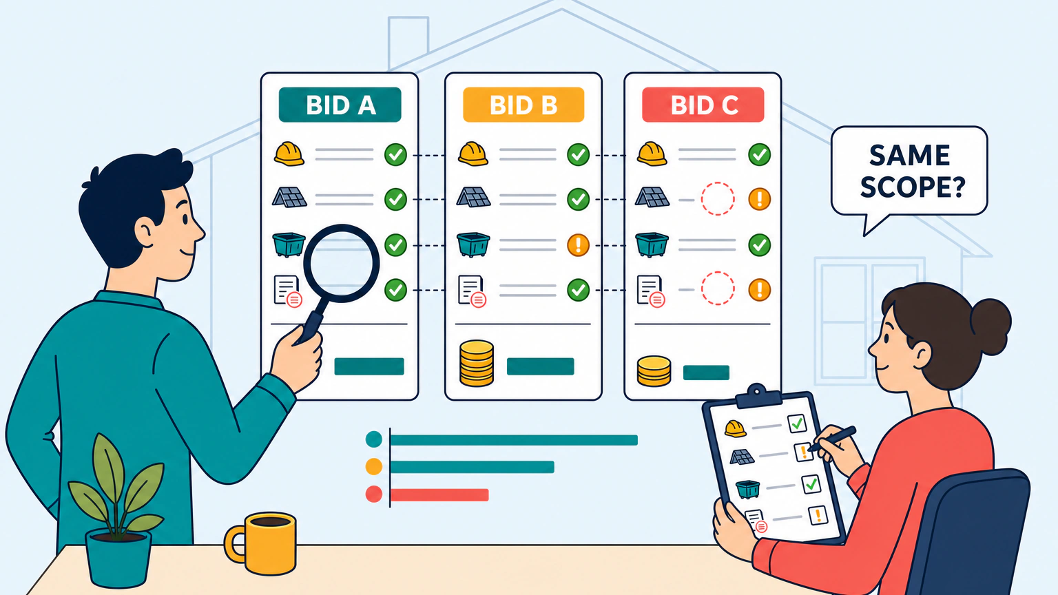 Flat vector illustration of a homeowner holding a magnifying glass over three floating contractor estimate sheets labeled BID A, BID B and BID C, each showing line rows and a different bold total. Two missing rows on one sheet are circled, a small bar chart under the sheets compares the three totals, dotted lines link matching rows across them, and a second person at a desk ticks rows off a clipboard.