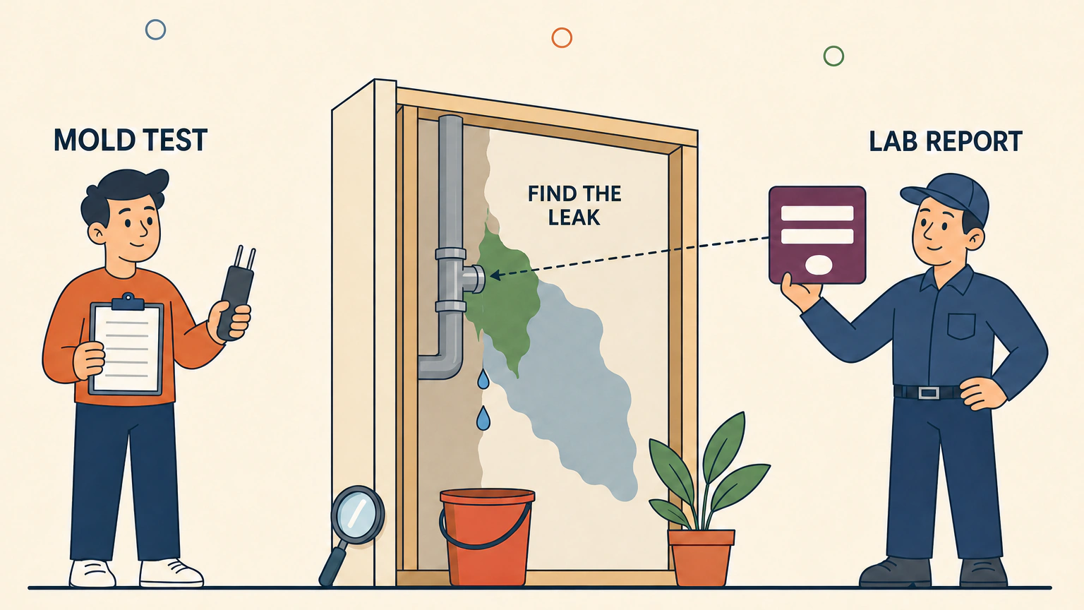 Flat vector illustration of the mold testing decision. On the left, a homeowner labeled MOLD TEST holds a blank clipboard and a two-prong moisture probe. In the center, a cutaway wall labeled FIND THE LEAK shows a damp stain spreading from a leaking pipe joint, with drops falling into a bucket. On the right, a technician labeled LAB REPORT holds up a report card with no score on it, and a dashed line runs from the card back to the leaking joint.