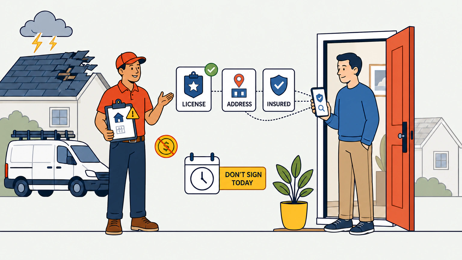 Flat vector illustration of a calm homeowner standing in an open front door, holding up a phone that shows a license lookup in progress, while a salesperson in a cap holds a clipboard outside and gestures at a storm-damaged roof with a work van behind him. Three floating verification cards between them show a license badge, a map pin over a building, and a shield.