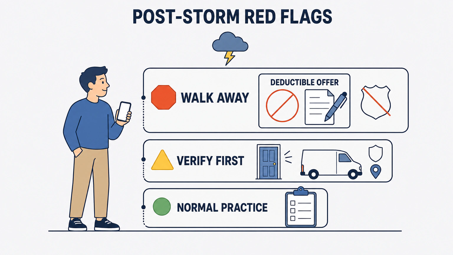 Flat vector illustration of three stacked severity bands under the title "POST-STORM RED FLAGS". The widest top band is labeled "WALK AWAY" with red-orange octagon markers, a slashed coin on a "DEDUCTIBLE OFFER" card and a blank contract sheet. The middle band is labeled "VERIFY FIRST" with amber triangle markers, a front door and a work van. The narrowest bottom band is labeled "NORMAL PRACTICE" with a green circle marker and a blank checklist. A homeowner with a phone stands to the left.