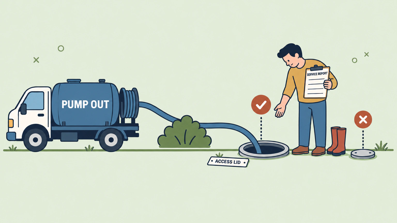 Flat vector illustration of a septic pump out in a residential yard. A white service truck carrying a blue tank lettered PUMP OUT stands at the left, and a thick blue hose runs from its reel, past a green shrub, down into a large open round access cover in the lawn, with a small tag on the grass reading ACCESS LID. A red badge with a check mark sits above the open cover on a dotted line. Just beyond it, a homeowner in an ochre sweater holds a clipboard headed SERVICE REPORT and gestures down into the opening, with a pair of rubber boots standing beside him. To the right, a much smaller closed cover sits in the grass under a red badge with a cross mark.
