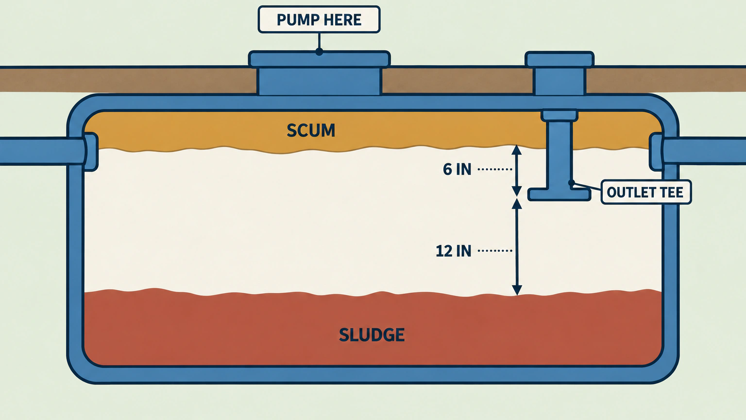Flat vector cutaway of a buried septic tank below a strip of soil. Inside the blue tank shell, a thin ochre band across the top is labeled SCUM, a thick brick red band across the bottom is labeled SLUDGE, and a pale band of liquid fills the middle. An inlet pipe enters at the left and an outlet pipe leaves at the right. An upside-down T fitting labeled OUTLET TEE hangs down into the tank beneath a narrow cover at the right, while a wide cover near the center carries a tag reading PUMP HERE. Two vertical double-headed arrows measure the gaps: one labeled 6 IN runs from the underside of the scum down to the bottom of the tee, and one labeled 12 IN runs from the bottom of the tee down to the top of the sludge.