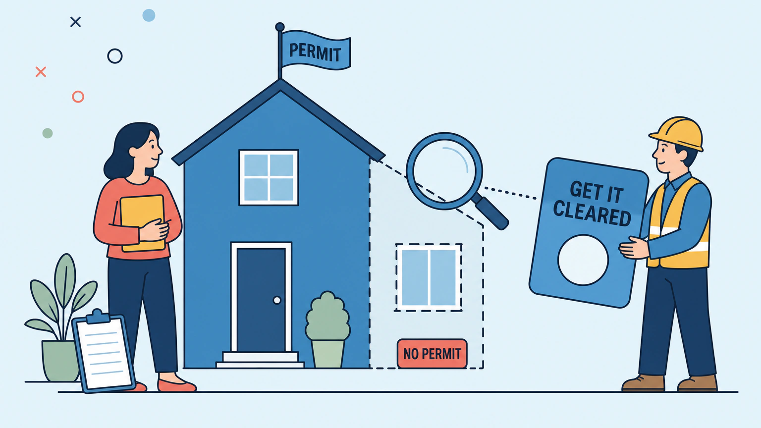 Flat illustration of a homeowner holding a folder beside her house, where one added room is drawn with a dashed outline and tagged NO PERMIT while a flag over the main roof reads PERMIT, and a worker holds up a card reading GET IT CLEARED.