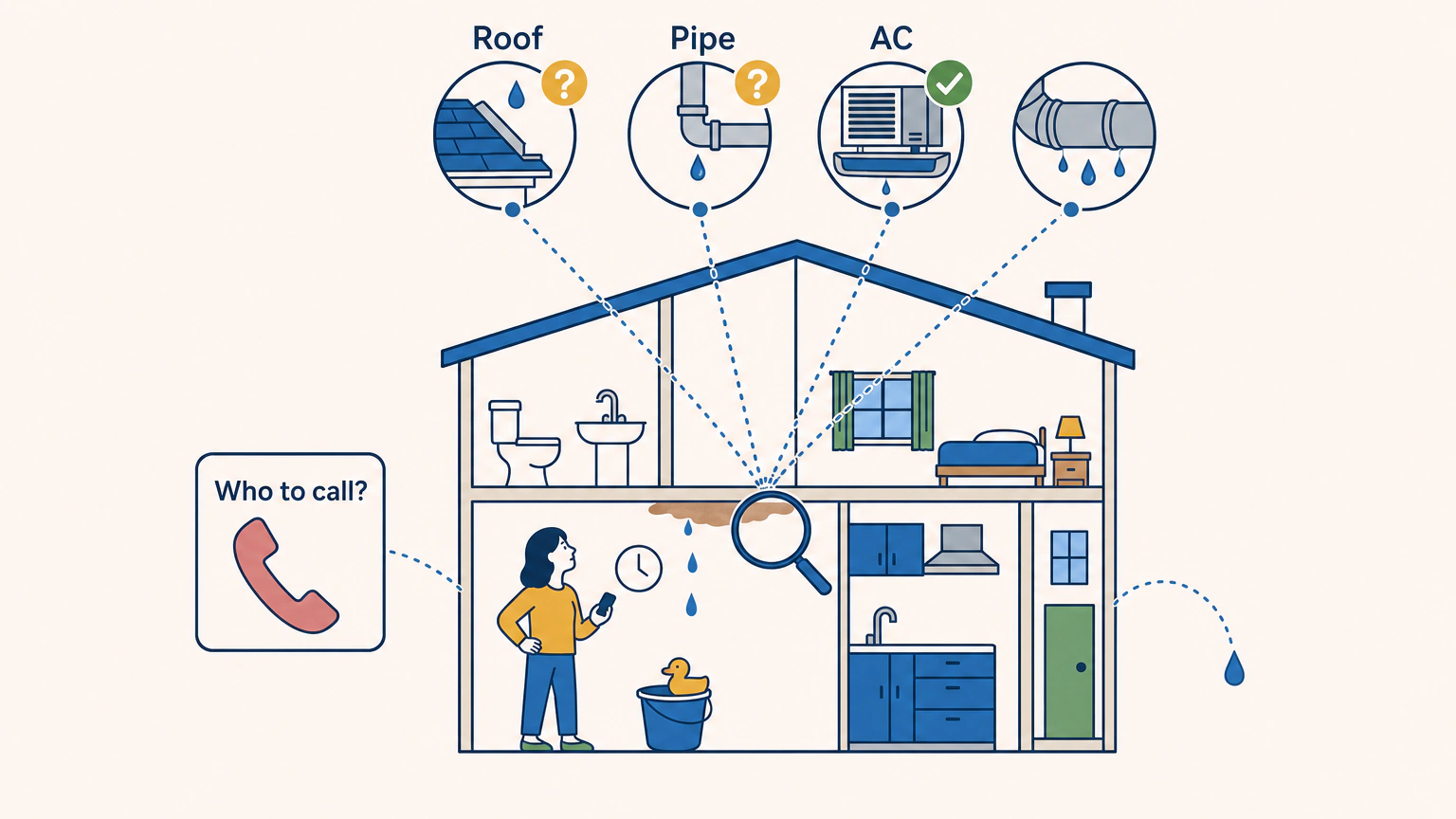 Flat vector illustration of a cutaway two-story house with one brown ring stain on the lower ceiling. Four dotted lines fan out from the stain to four labeled sources: a roof section with lifted flashing, a pipe under an upstairs bathroom fixture, a boxy air handler with a drip pan, and a sweating duct with condensation dots. Small numbered circles sit at the end of each line, with question-mark badges on two sources and a check mark on one. A calm homeowner stands below the stain holding a phone and looking up, a bucket with a rubber duck beside her, a magnifying glass over the stain, a clock icon nearby, and a small card with a price tag floating at the left edge. Short labels read Roof, Pipe, AC and Who to call?